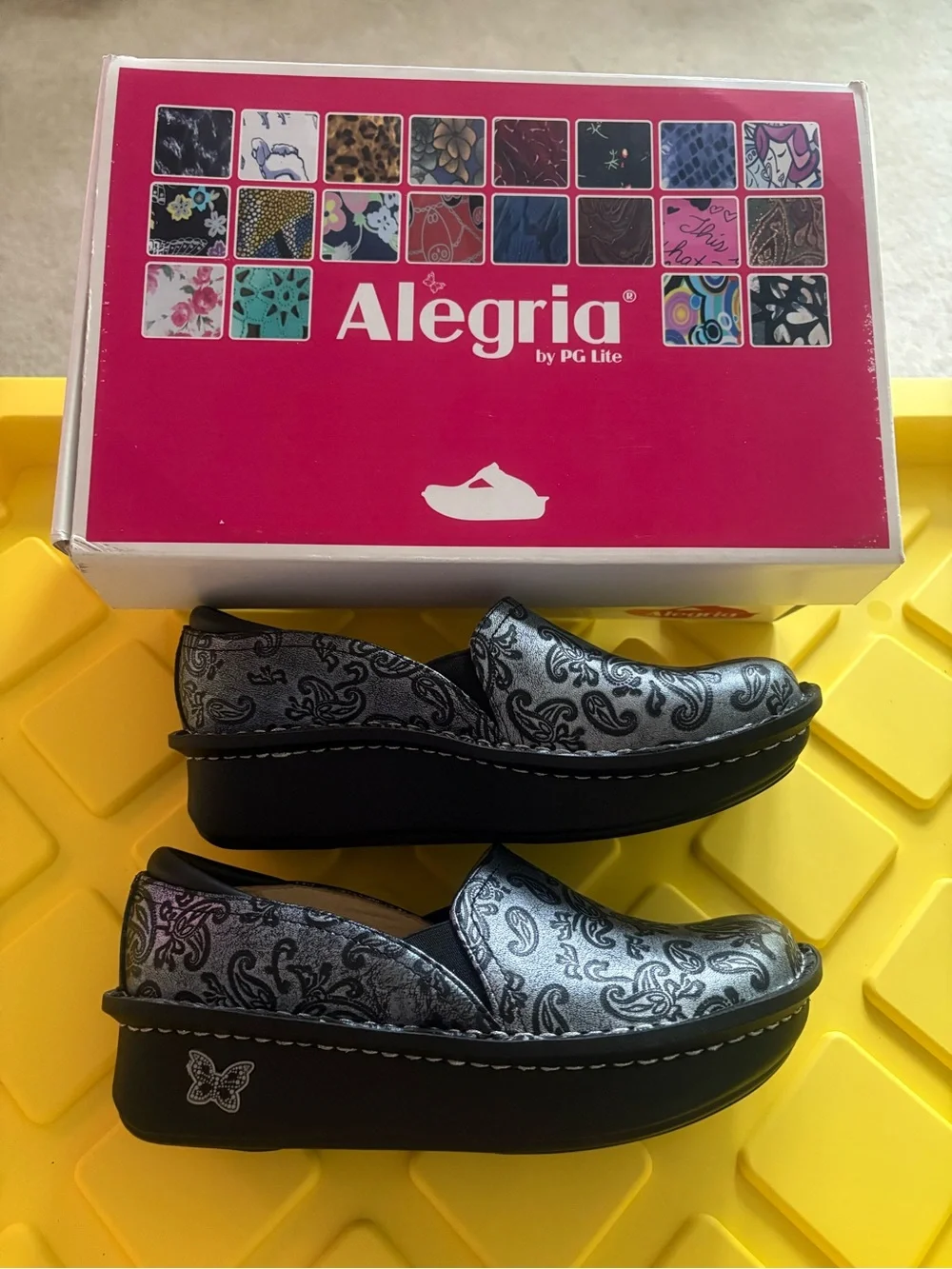 Alegria Black and Silver Paisley Slip-On Clogs